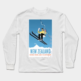 Vintage Travel Poster New Zealand Skiing Long Sleeve T-Shirt